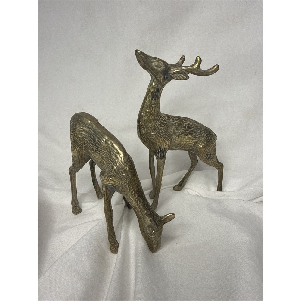 Vintage Pair Brass Spotted Brass Deer Buck Doe MCM Hunt Cabin Rustic Regency